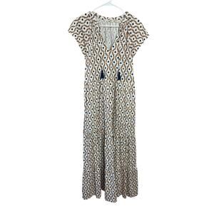Boden Boho Geometric Tiered Maxi Dress w/ Pockets Size 12 Cottagecore Spring
